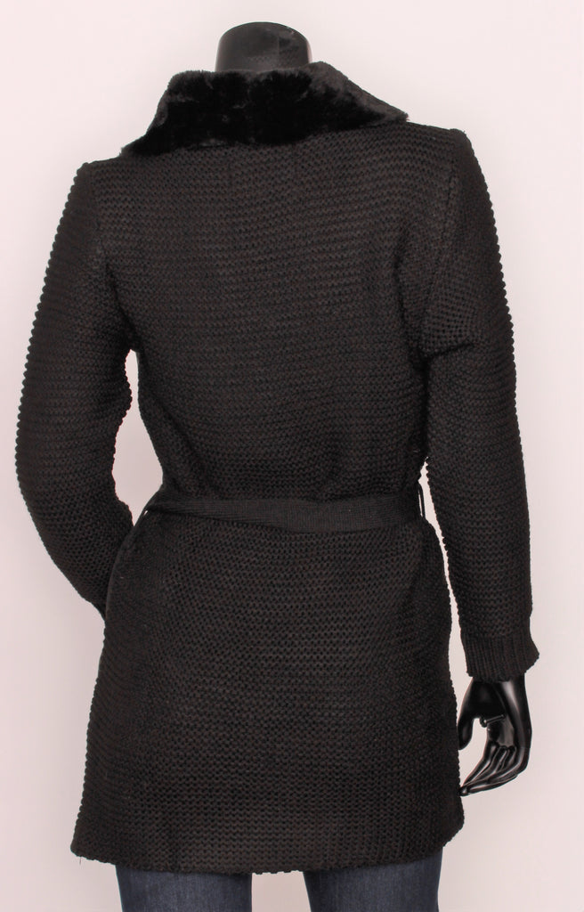 Toda Bella Open Sweater with Faux Fur & Tie Waist