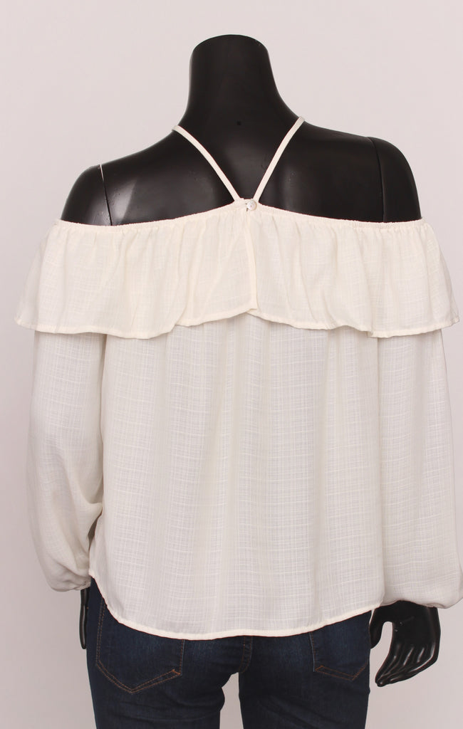 Off Shoulder Ruffle Long Sleeve Top, Ivory