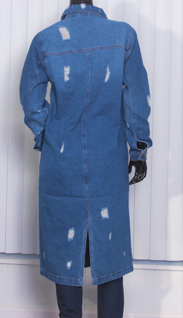 Denim Long Jacket Distressed Washed Med Blue