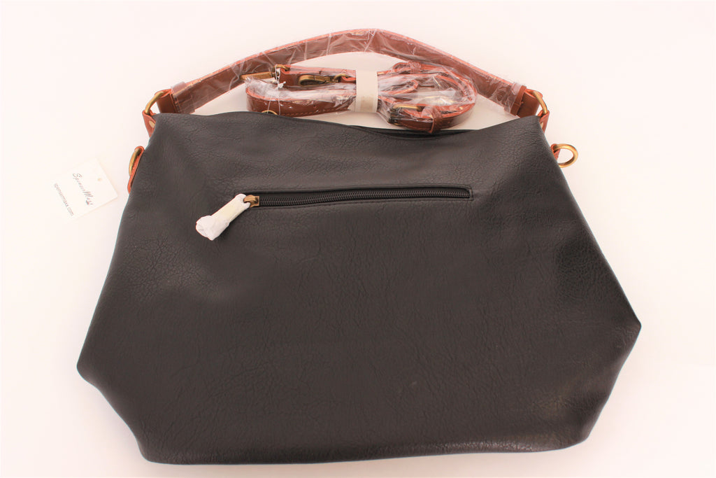 Black Purse with Brown Trim and Front Zipper