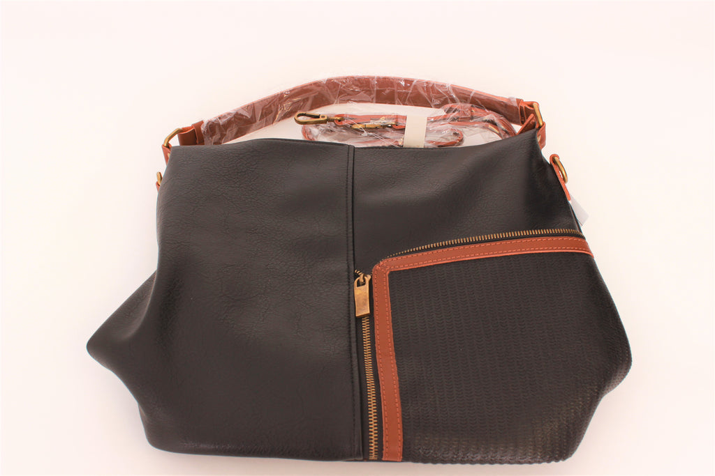 Black Purse with Brown Trim and Front Zipper